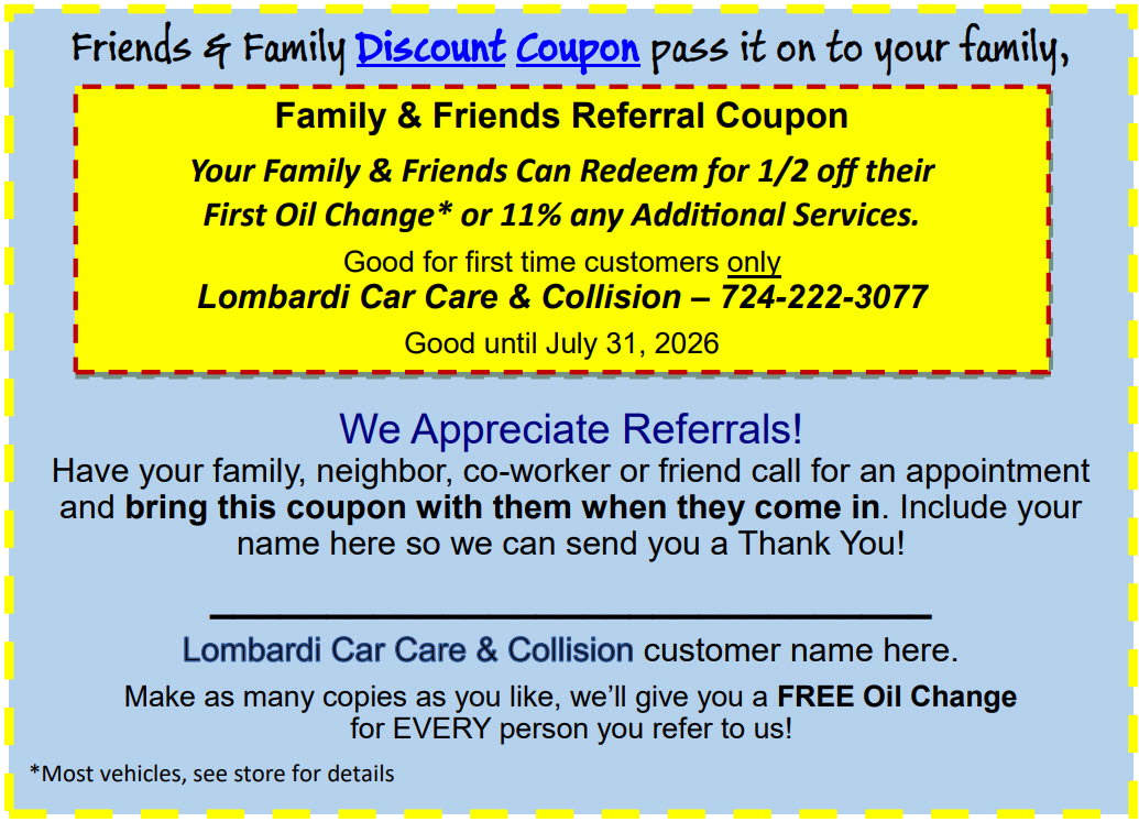 Lombardi's Car Care Pay it Forward Friends & Family Discount Coupon July 2026