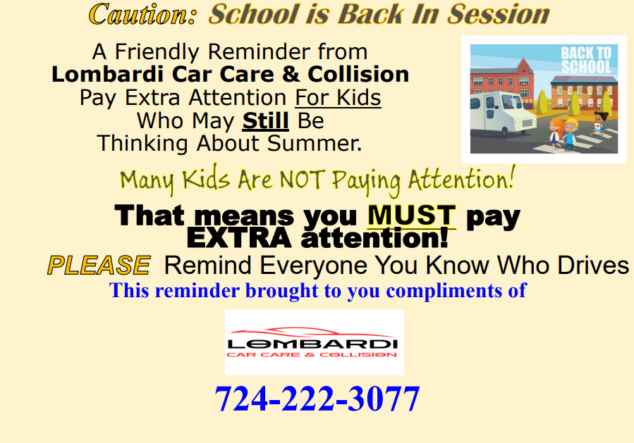 Lombardi's Car Care Back to School Safety Reminder August 2026