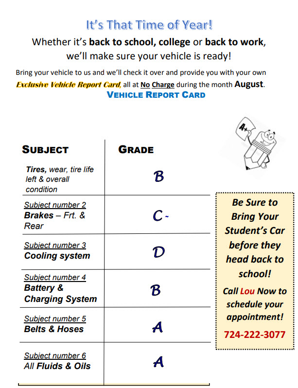 Lombardi's Car Care Vehicle Report Card (Courtesy Inspection) August 2026