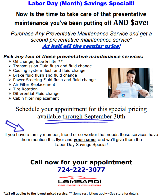 Lombardi Car Care Labor Day Service Specials September 2026
